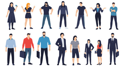 Collection of diverse men and women posed in professional and casual attire showcasing variety