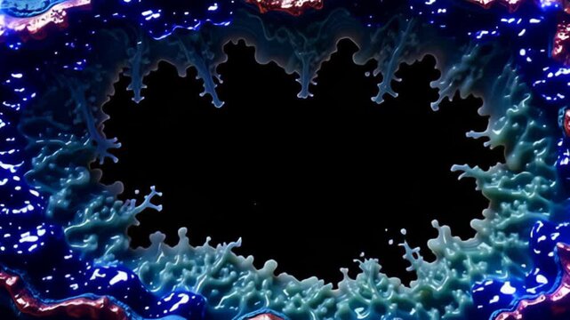 An Alien organic Border Frame pulsing with green fluid stands boldly against pure blackness, accentuated by flowing cascades of shimmering copper and deep sapphire waves that oscillate