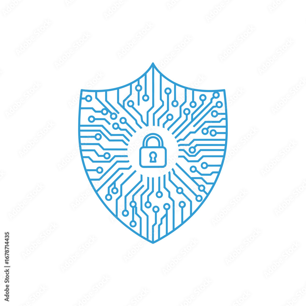 Poster blue shield icon with circuit board pattern and central padlock, representing digital security.