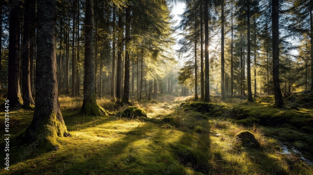 Poster lush green forest with sunlight filtering through trees creating a serene natural atmosphere