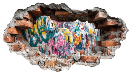 Graffiti-covered wall hole in a brick wall
