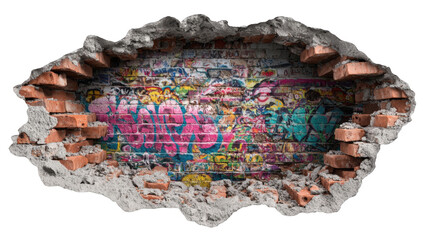 A 3D wall mural design featuring a brick wall with graffiti