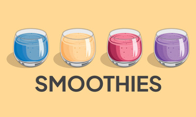 mango, strawberry, grape and blueberry smoothies. Illustration smoothies in a glass cup. Summer drinks. Cup of fruity organic shake. Fruit cocktail. Vector illustration.