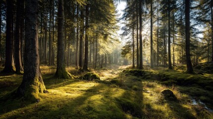Obraz premium Lush green forest with sunlight filtering through trees creating a serene natural atmosphere
