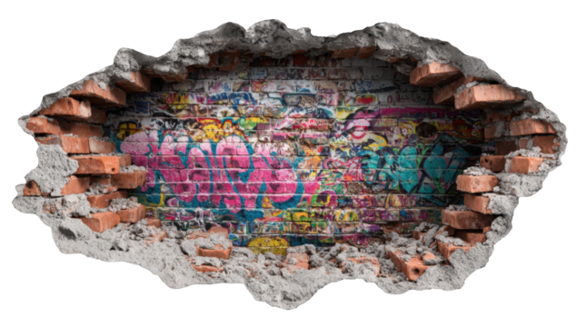 A 3D wall mural design featuring a brick wall with graffiti