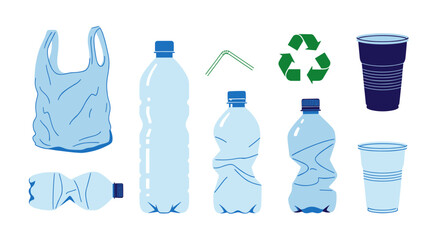 Illustration of various recyclable plastic waste items and recycling symbol in blue tones