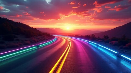Winding road neon lights sunset mountains highway glowing