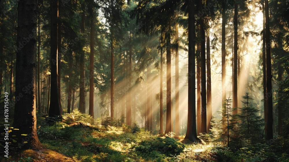 Aufkleber sunlight streaming through tall trees in a lush forest creating a serene natural atmosphere