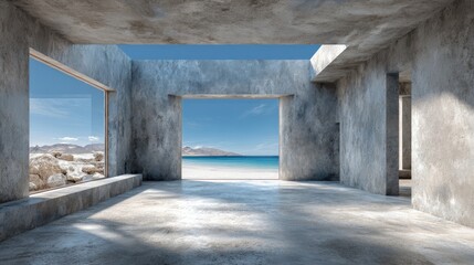 Obraz premium Concrete interior space opens to ocean view