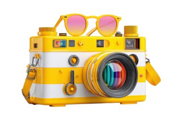 Colorful retro camera with sunglasses