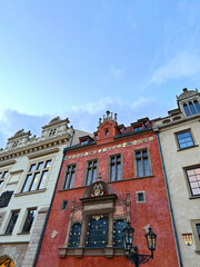 Old Town Hall West house facade with Praga Caput Regni inscription (Prague Head of the Kingdom) and Coat of Arms at Old Town Square, Prague, Czech Republic