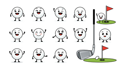 Cute animated golf balls expressing diverse emotions and poses on a green with flagsticks and club