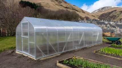 Polycarbonate greenhouse standing in a vegetable garden with a wheelbarrow and mountains in the background