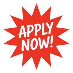 Bright red starburst with apply now text