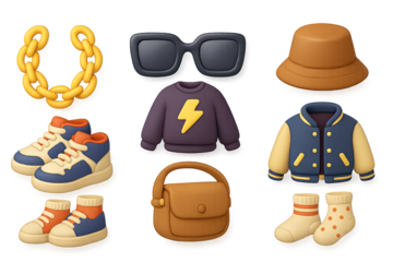 Retro fashion icons with sneakers, sunglasses, and accessories in modern cartoon style