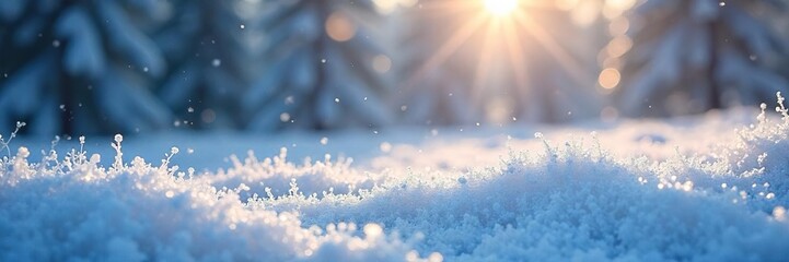 Naklejka premium Iridescent snowflakes glitter on a frosty winter landscape, catching the pale sunlight The scene evokes a sense of magical, cold beauty , christmas, fairytale