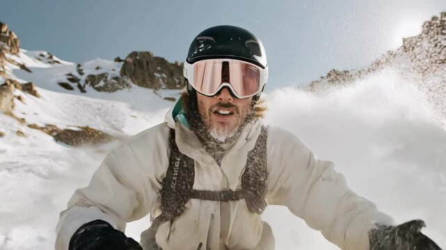 Man in full gear skiing down snowy mountains, enjoying the thrill and freedom of winter adventure in breathtaking alpine scenery.