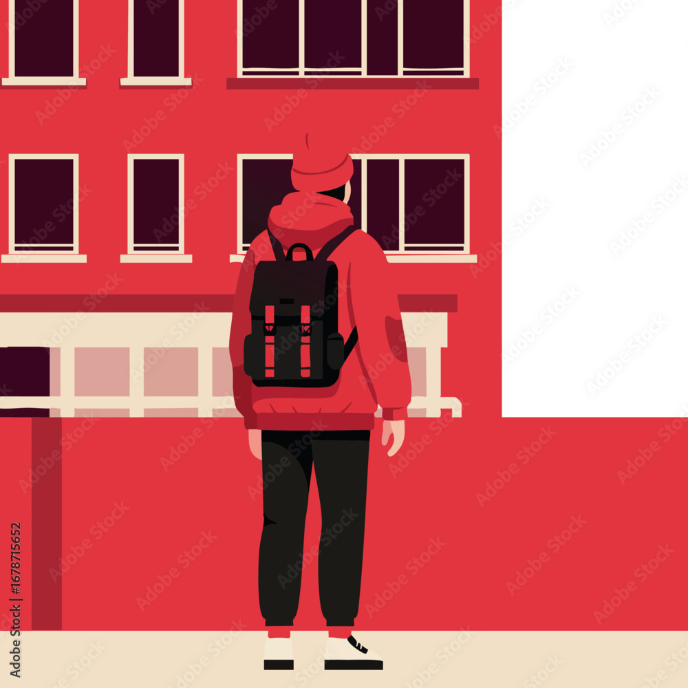 Poster Young person wearing red jacket and backpack standing in front of red building with multiple windows urban scene vector illustration