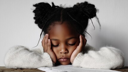 Tired schoolgirl with head on book, young child studying at desk, childhood education fatigue concept
