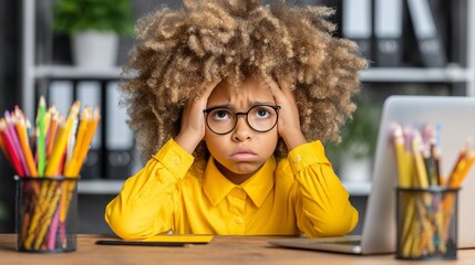 Frustrated schoolboy with glasses sitting at desk, stressed child learning with laptop, education overload concept