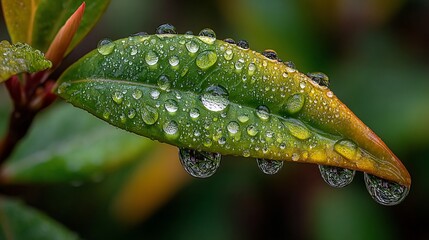 Leaf after rain with water droplets clinging to it, reflecting light