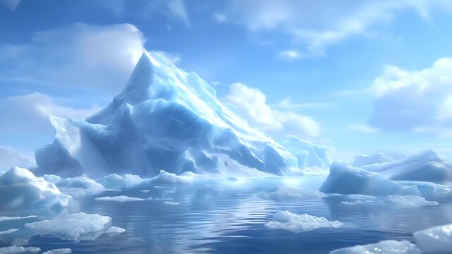 Auras encircle massive icebergs in a polar sea with penguins sliding nearby aurora lights faintly visible floating ice chunks and distant seals on floes illustrated in a crisp