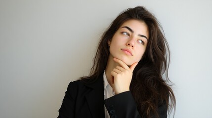 Confident young businesswoman in suit with thoughtful expression, professional corporate career and leadership concept