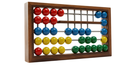 Red, Blue, Yellow, Green wooden abacus shows numeracy. Uses include educational visuals, arithmetic lessons, & math concepts.