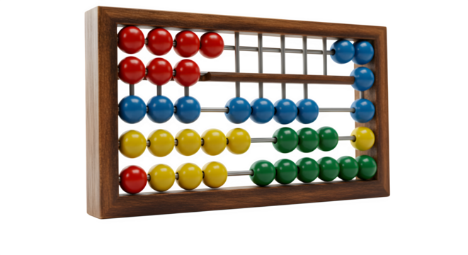 Red, Blue, Yellow, Green wooden abacus shows numeracy. Uses include educational visuals, arithmetic lessons, & math concepts.