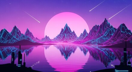 Futuristic Neon Landscape with Mountains and Sunset