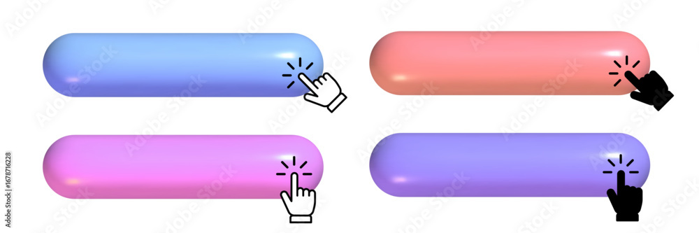 Poster 3d button set for ui design. realistic design elements with hand finger arrow clicking cursor