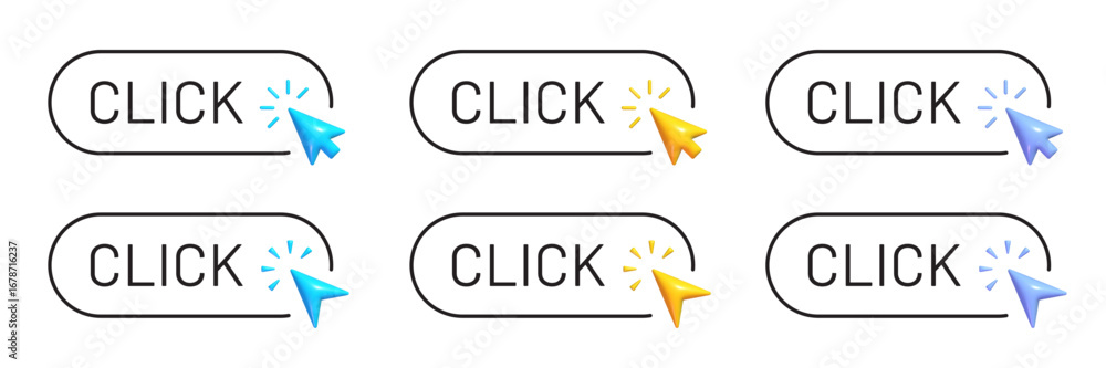Poster click button set with 3d cursor. arrow pointer clicking collection.