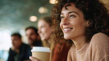 Naklejka premium Smiling young woman with coffee in casual meeting, friendship and lifestyle, positive emotions and modern community