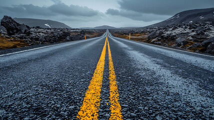 A straight, asphalt road marked with yellow lines cuts through a rugged, volcanic landscape.