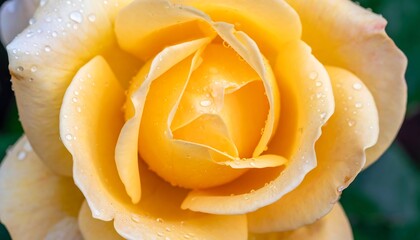 Close-up of a delicate yellow rose with dew drops