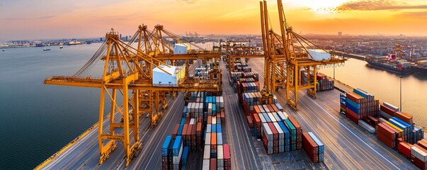 Modern port with smart logistics cranes unloading cargo containers, wide panoramic angle with sunset background