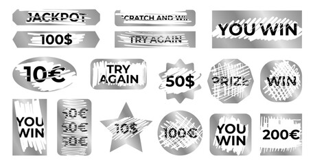 Silver lottery tickets shapes collection. Scratch card surfaces with scraped textures and text: win, jackpot, prize etc