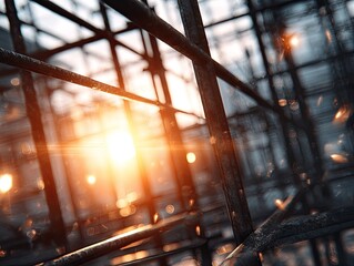 Metal scaffolding at sunset