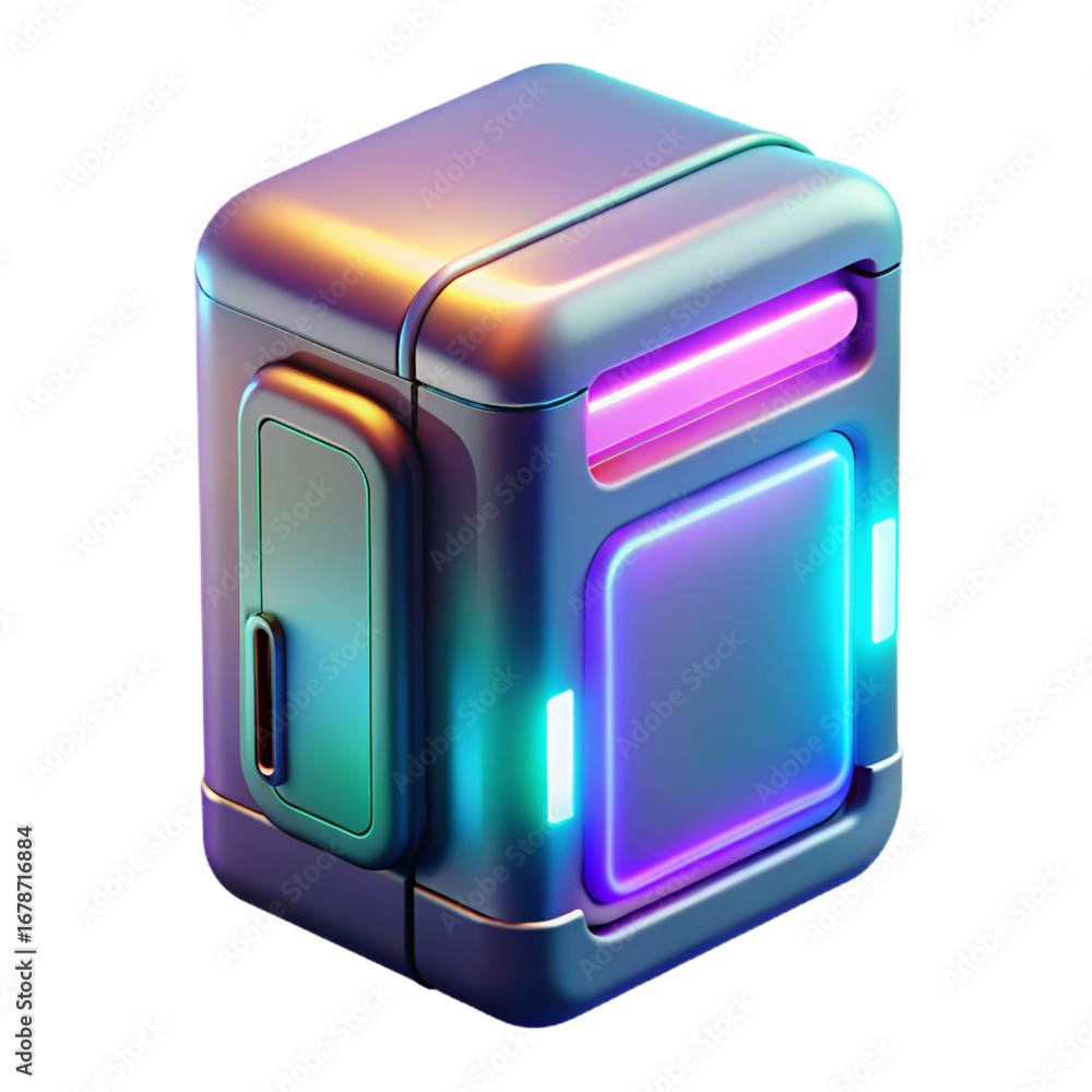 Poster futuristic container with neon lights isolated on transparent background, a cyberpunk storage unit