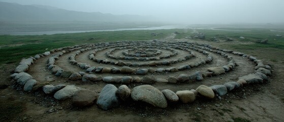Spiral stone maze in a misty landscape