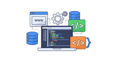 A Depiction Of Software Development, This Image Prominently Showcases A Laptop Displaying Lines Of Code, Alongside Web Elements, Databases, And Coding Symbols, Illustrating Modern