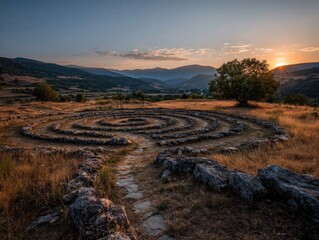Ancient spiral stone path at sunset