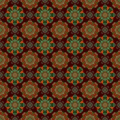 seamless vintage pattern,orange, green curves and drawn to create flowers shape,leaves with red background in geometric patterns to as sarong,tile,printed fabric,batik,fabric,tablecloth patterns.
