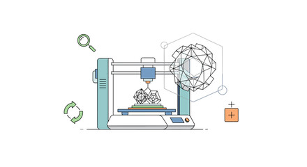 A Detailed Illustration Of A 3D Printer, Showcasing The Process Of Creating A Geometric Object, Perfect For Educational And Technological Content. With Comprehensive Details And Informative
