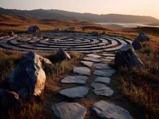 Spiral stone path in a meadow, mountain backdrop