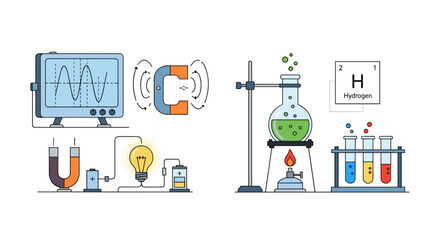 A Detailed Illustration Showcasing Various Science Experiments And Scientific Equipment, Ideal For Educational Resources And Science Projects. With Comprehensive Details And Informative