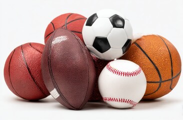 A cluster of five sports balls; two basketballs, one soccer ball, one baseball, and one American football, rests on a white background
