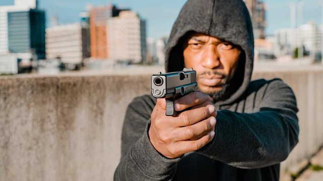 Black man in hoodie pointing a gun on the street, symbolizing urban crime, danger, violence and aggression. Concept for criminal action, threat and insecurity.