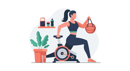 A Fitness Illustration Depicts A Woman Exercising. A Woman Is Exercising On A Stationary Bike, With A Fitness Ball In Hand, In A Modern, Minimalist Style, Perfect For Health And Wellness