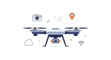 A Modern Drone Illustration Showcases Aerial Technology With Camera, Location Pin, And Wireless Connectivity Elements, Perfect For Tech Related Projects.